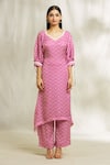 Divya Kanakia_Magenta Satin Blend Printed And Embellished Chevron V Neck Kurta & Pant Set _Online_at_Aza_Fashions