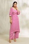 Buy_Divya Kanakia_Magenta Satin Blend Printed And Embellished Chevron V Neck Kurta & Pant Set _Online_at_Aza_Fashions