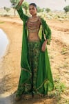 Buy_PUNIT BALANA_Green Satin Silk Print Resham And Coin Ranthambore Cape Sharara Set  _at_Aza_Fashions