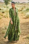 PUNIT BALANA_Green Satin Silk Print Ranthambore Stand Collar Asymmetric Kurta Set  _Online_at_Aza_Fashions