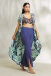 Buy_Divya Kanakia_Blue Cape Satin Printed And Embellished Floral Cape Open Pant Set _at_Aza_Fashions