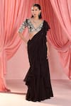 Buy_Seema Thukral_Black Saree Organza V Neck Elnora Pre-draped Ruffle With Blouse _at_Aza_Fashions