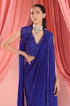 Shop_Seema Thukral_Blue Saree And Blouse Georgette Embroidered Resham V Elena Pre-draped Jacket Set _at_Aza_Fashions