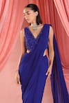 Seema Thukral_Blue Georgette Embroidered Resham V Neck Anna Pre-draped Saree With Blouse _Online_at_Aza_Fashions