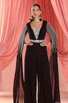 Seema Thukral_Black Georgette, Satin Pearls, Lena Floral Embroidered Cape Sleeve Jumpsuit _Online_at_Aza_Fashions