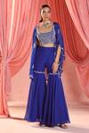 Buy_Seema Thukral_Blue Cape And Gharara Organza Embroidered Resham Scoop Electric Scallop Set _at_Aza_Fashions