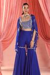 Shop_Seema Thukral_Blue Cape And Gharara Organza Embroidered Resham Scoop Electric Scallop Set _at_Aza_Fashions