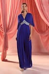 Buy_Seema Thukral_Blue Georgette, Satin Embroidery V-neck Emily Pleated Jumpsuit _at_Aza_Fashions