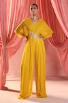 Buy_Seema Thukral_Yellow Georgette Embroidery Sequins V Lara Embellished Waist Pleated Jumpsuit _at_Aza_Fashions