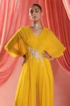 Seema Thukral_Yellow Georgette Embroidery Sequins V Lara Embellished Waist Pleated Jumpsuit _Online_at_Aza_Fashions