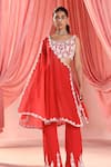 Seema Thukral_Red Georgette, Satin Sequins, Lily Bloom Embroidered Asymmetric Cape Pant Set For Kids_Online_at_Aza_Fashions