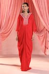 Buy_Seema Thukral_Red Chiffon, Satin Sequins, Beads, Layla Tulip Bloom Embellished Draped Kaftan _at_Aza_Fashions