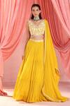 Buy_Seema Thukral_Yellow Georgette, Satin Sequins, Rita Plumeria Embroidered Lehenga Blouse Set _at_Aza_Fashions