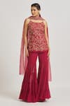 Buy_Asaga_Maroon Georgette, Organza Embroidery Scoop Neck Floral Vine Kurta Sharara Set _at_Aza_Fashions