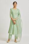 Buy_Asaga_Green Organza, Chanderi, Muslin Mirrors, Embroidery Round Floral Kurta Pant Set _at_Aza_Fashions