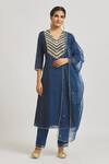Buy_Asaga_Blue Organza, Chanderi, Muslin Embroidery, Mirrors V-neck Yoke Kurta Set _at_Aza_Fashions