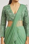 Asaga_Green Silk, Chiffon Embroidery, Netra Pre-draped Ruffle Saree With Blouse _at_Aza_Fashions