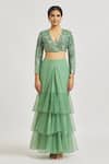 Buy_Asaga_Green Silk, Chiffon Embroidery, Netra Pre-draped Ruffle Saree With Blouse 