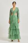 Shop_Asaga_Green Silk, Chiffon Embroidery, Netra Pre-draped Ruffle Saree With Blouse 