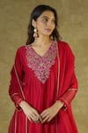 The Aarya_Red Pure Handwoven Chanderi Hand Embroidery Floral V Neck Yoke Kurta Palazzo Set _Online_at_Aza_Fashions