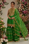 Buy_Preeti S Kapoor_Green Kurta And Gharara Silk Embroidered Gota Round Floral Set _at_Aza_Fashions