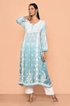 Buy_Adara Khan_Blue Muslin Embroidery Bloom Round Shaded Chikankari Kurta_at_Aza_Fashions