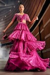 Shop_Garima Karwariya Designs_Pink Net Hand Embellished Swarovski The Sea Shell Blouse And Layered Lehenga Set _at_Aza_Fashions