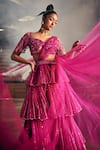 Shop_Garima Karwariya Designs_Pink Net Hand Embellished Swarovski The Sea Shell Blouse And Layered Lehenga Set _Online_at_Aza_Fashions