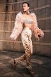 Buy_Garima Karwariya Designs_Pink Satin Hand The Snappy Ostrich Feather Sleeve Top And Pant Set  _at_Aza_Fashions