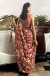 Shop_Dohr India_Red Organza, Modal, Anchal Printed Pre-draped Saree With Unstitched Blouse _at_Aza_Fashions