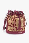 Tan & Loom_Maroon Woven Floral Pattern Bombay Brocade Bucket Bag _at_Aza_Fashions