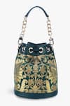 Shop_Tan & Loom_Green Woven Botanical Pattern Bombay Brocade Bucket Bag _at_Aza_Fashions