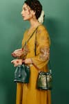 Tan & Loom_Green Woven Botanical Pattern Bombay Brocade Bucket Bag _Online_at_Aza_Fashions