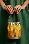 Buy_Tan & Loom_Yellow Woven Floral Pattern Bombay Bucket Bag _at_Aza_Fashions