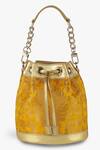 Shop_Tan & Loom_Yellow Woven Floral Pattern Bombay Bucket Bag _at_Aza_Fashions