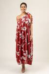 Doodlage_Maroon Upcycled Modal Print Blossom One Shoulder Maxi Dress _Online_at_Aza_Fashions