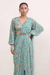 Buy_Miku Kumar_Green Georgette Printed Floral Magnolia Pre-draped Saree With Choli  _Online_at_Aza_Fashions
