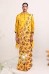 Buy_Miku Kumar_Yellow Georgette Printed Parrot Marigold Pre-draped Saree With Cape  _at_Aza_Fashions