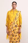 Miku Kumar_Yellow Georgette Printed Parrot Marigold Pre-draped Saree With Cape  _Online_at_Aza_Fashions