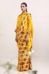 Shop_Miku Kumar_Yellow Georgette Printed Parrot Marigold Pre-draped Saree With Cape  _Online_at_Aza_Fashions