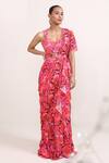 Buy_Miku Kumar_Pink Georgette Printed Floral Daffodil Pre-draped Saree With Blouse  _at_Aza_Fashions