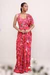 Buy_Miku Kumar_Pink Georgette Printed Floral Daffodil Pre-draped Saree With Blouse  _Online_at_Aza_Fashions