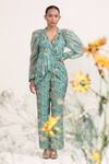Miku Kumar_Green Chanderi Silk, Organza V-neck Aboli Flower Print Jacket And Sharara Set _Online_at_Aza_Fashions