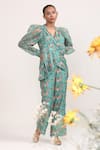 Miku Kumar_Green Chanderi Silk, Organza V-neck Aboli Flower Print Jacket And Sharara Set _at_Aza_Fashions