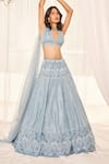 Shop_Disha Muchhala_Blue Lehenga Dupion Silk Embroidered Cutdana Plunge V French Knots Bridal Set _Online_at_Aza_Fashions