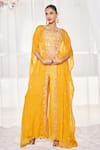 Buy_Disha Muchhala_Yellow Blouse Silk Embroidered Zardosi V Neck Cape Pant Set _at_Aza_Fashions