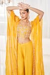 Disha Muchhala_Yellow Blouse Silk Embroidered Zardosi V Neck Cape Pant Set _Online_at_Aza_Fashions