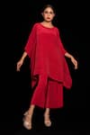 Buy_PREETI MEHTA_Red Polyester Plain Round Pleated Kaftan And Palazzo Set _at_Aza_Fashions