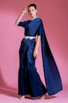 Buy_PREETI MEHTA_Blue Satin Embriodered Pearl Round High Neck Pleated Saree Gown With Belt _Online_at_Aza_Fashions