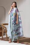 Buy_PREETI MEHTA_Blue Lurex Chinon In 60% Printed Bloom Boat Neck Kaftan And Dhoti Pant Set _Online_at_Aza_Fashions